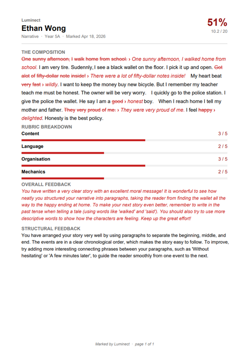 Luminect composition marking output with tracked edits, rubric breakdown, and teacher feedback